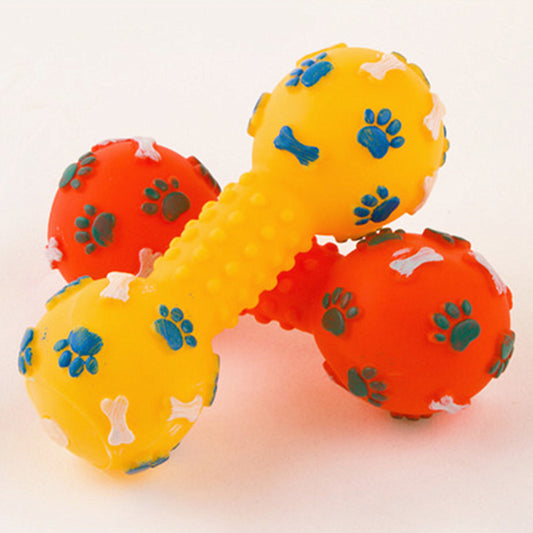 Squeaky Pet Dumbbell Toy: Non-toxic PVC, Sharp Sounds, Red Yellow Colors, Fun Entertainment for Dogs. Shop Now!