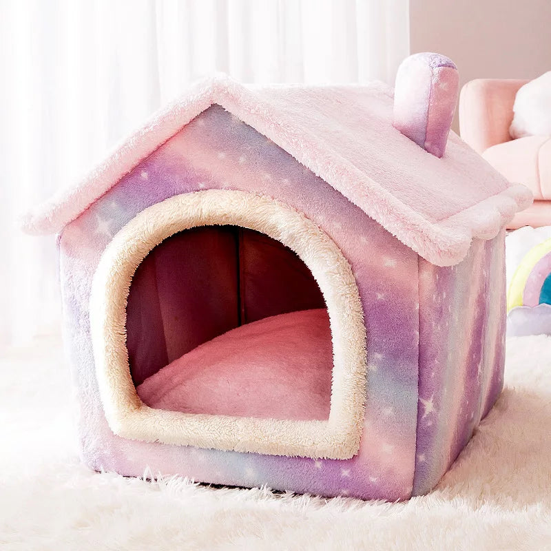Cozy Pet Bed: Coral Fleece House - Pink, Sizes SML"