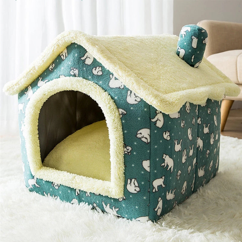 Cozy Pet Bed: Coral Fleece House - Green/White, Sizes SML"