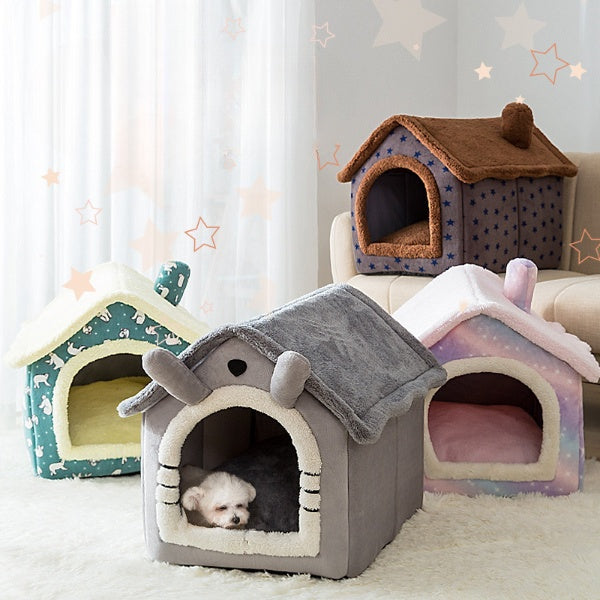 Cozy Pet Bed: Coral Fleece House - Gray/Brown, Sizes SML