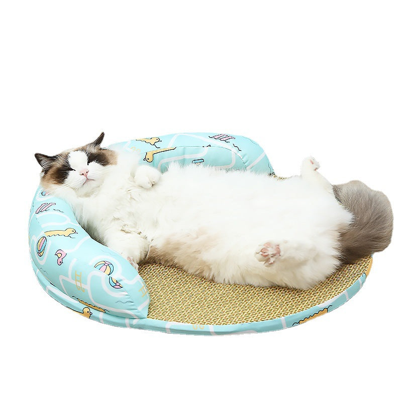 Multi-layered pet bed with rattan surface for easy cleaning. Breathable design for comfort.