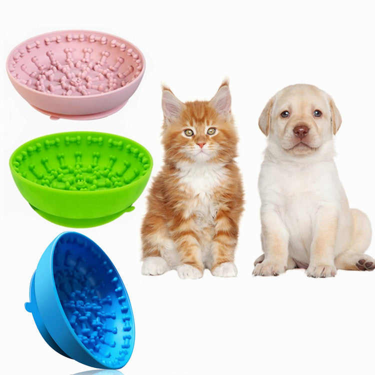 A pet bowl designed with suction cups and non-slip silicone material to prevent sliding, ideal for pets during mealtime