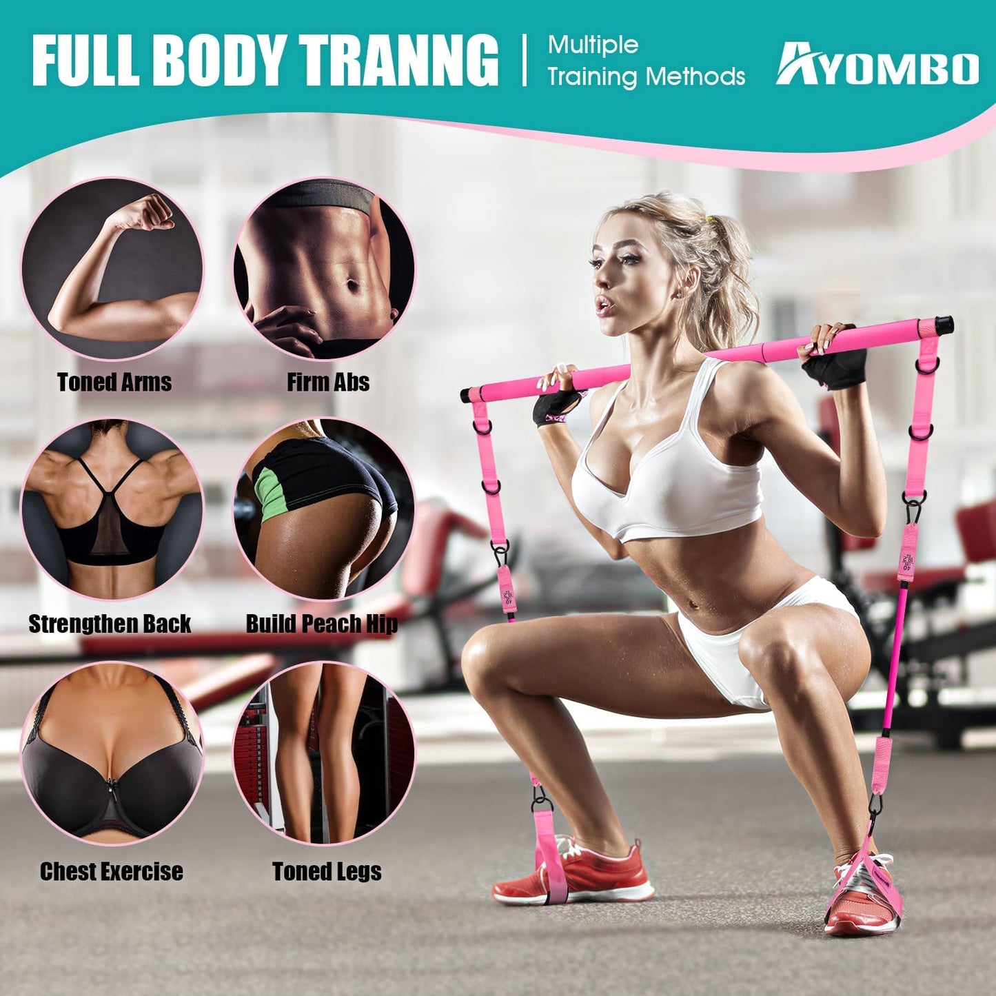 Pilates Bar Kit with Resistance Bands, Pilates Workout Equipment for Legs, Hip, Waist, Arm, Squats Exercise Equipment for Home Workouts, Adjustable 3-Section Pilates Bar Kit for Women & Men