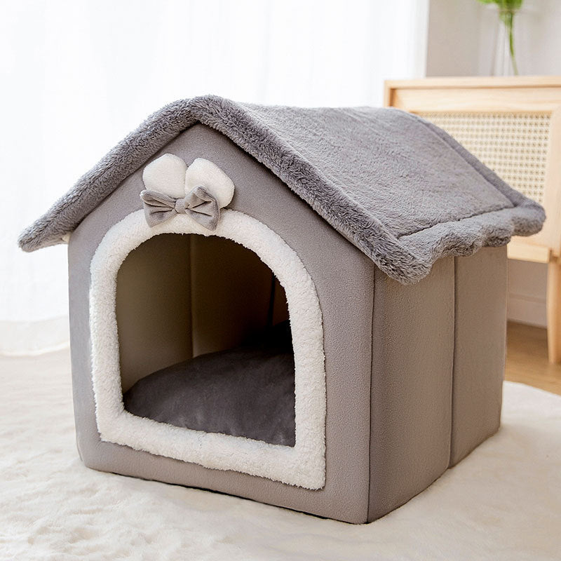 Cozy Pet Bed: Coral Fleece House -Grey /White, Sizes SML"
