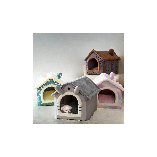 Cozy Pet Bed: Coral Fleece House - Gray/Brown, Sizes SML