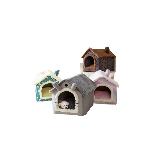 Cozy Pet Bed: Coral Fleece House - Gray/Brown, Sizes SML