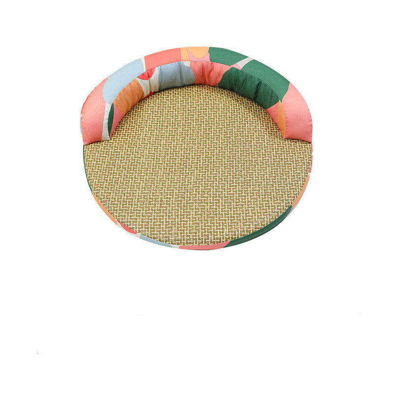 Multi-layered pet bed with rattan surface for easy cleaning. Breathable design for comfort.